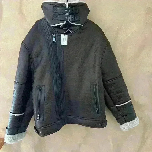 Crackled Faux Shearling Aviator Jacket  size XL - Picture 8 of 13